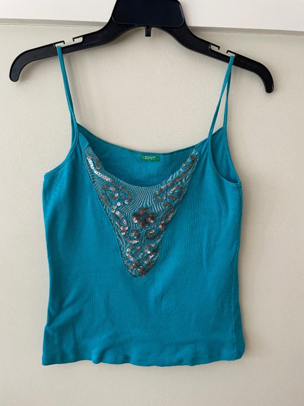 Vintage Benetton Blue 100% Cotton Sequin Embellished Cami Top size S